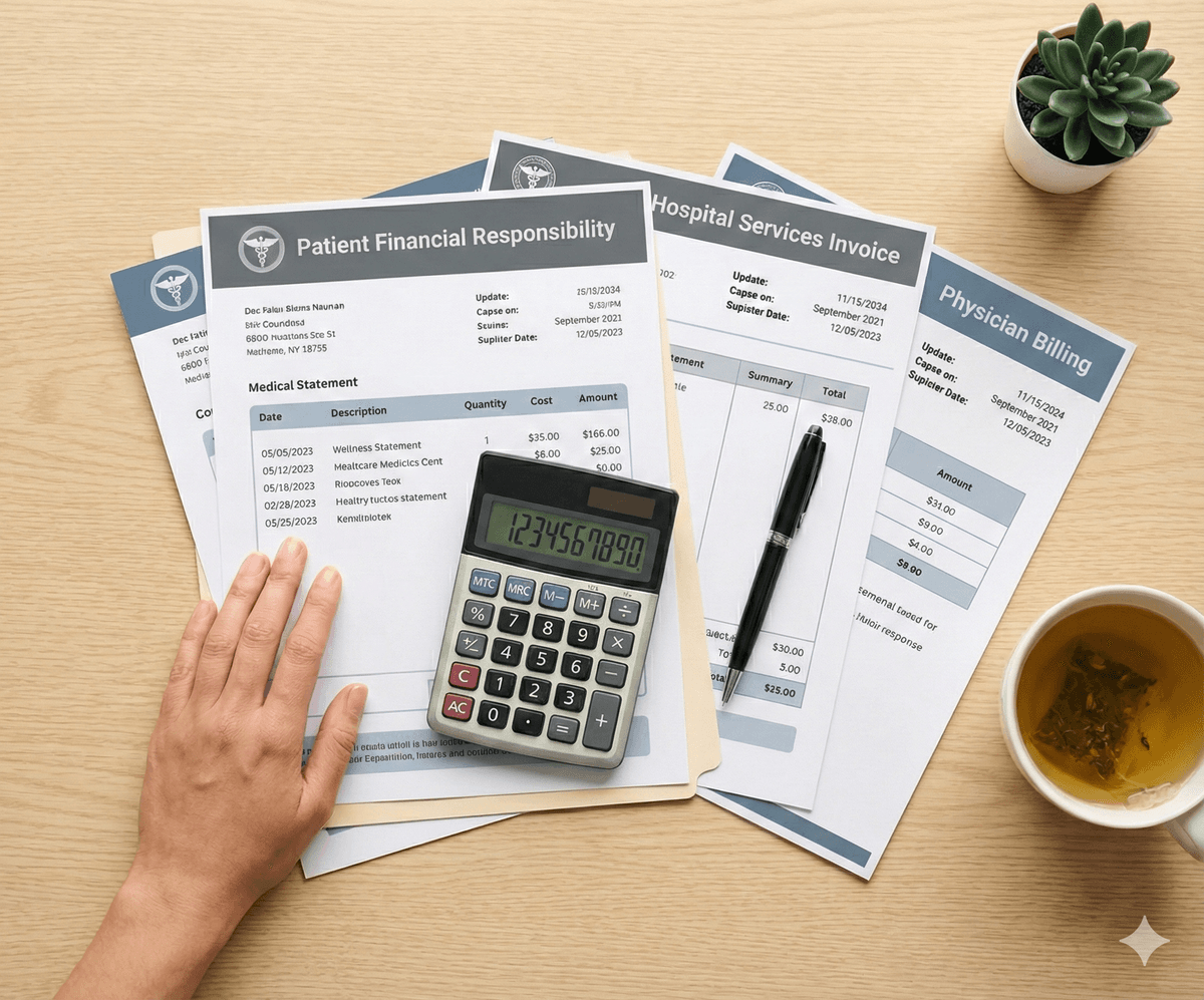 Medical bills and invoices spread on a desk with a calculator
